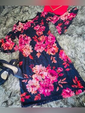 Navy Floral Lace Long-Sleeve Dress with Pink Bloom Print